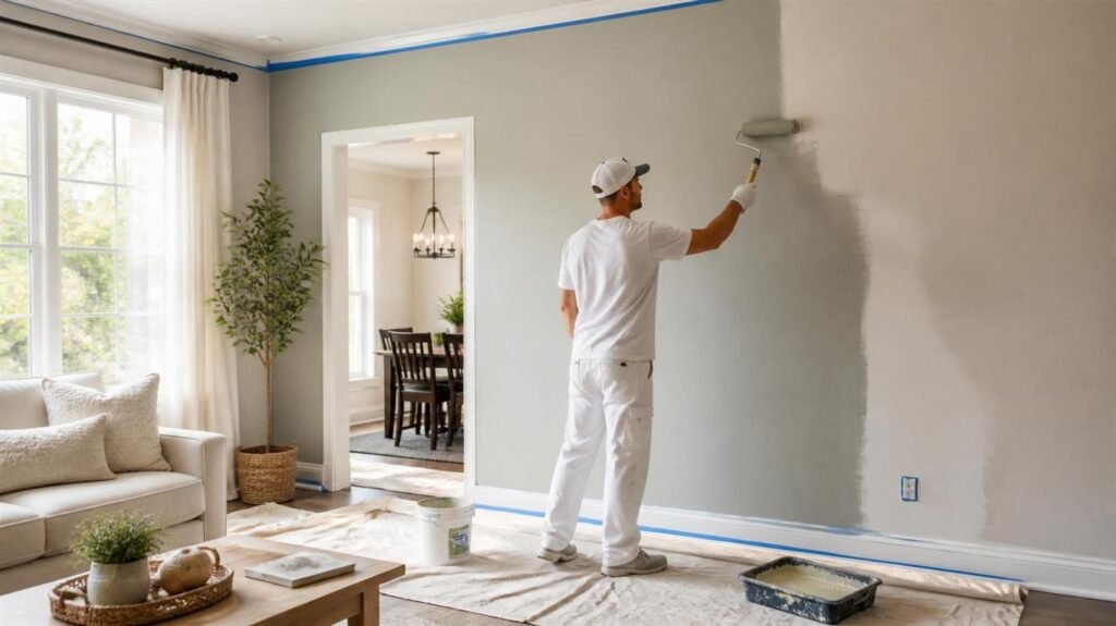 Professional painter finishing an interior wall in a bright Alpharetta, GA home — Interior Painting Cost in Alpharetta GA.