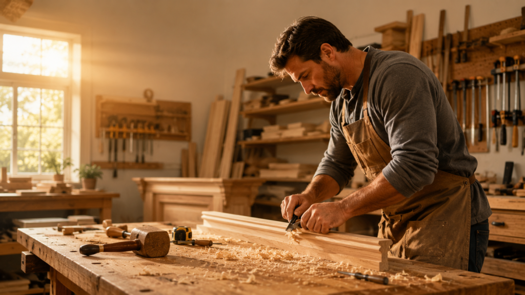 How much do carpenters in Alpharetta charge - carpenter shaping custom wood trim in a workshop