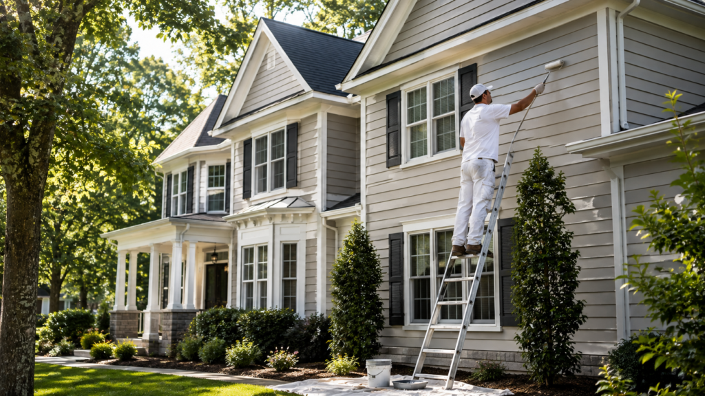 Professional painter applying durable exterior paint to a home in Alpharetta, Georgia