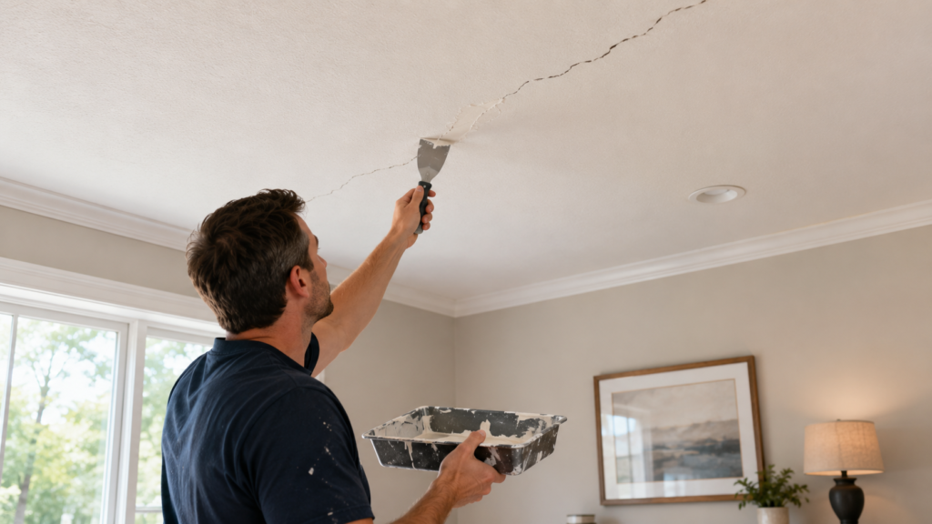 Handyman doing Drywall Ceiling Cracks Repair