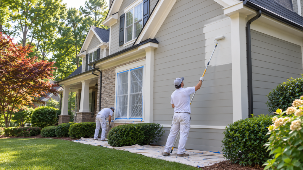 Professional painters repainting the exterior of a suburban house in Alpharetta, Georgia