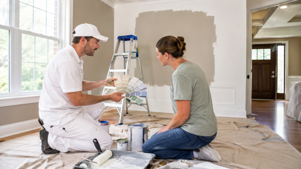 Professional painters helping a homeowner choose paint colors in Alpharetta