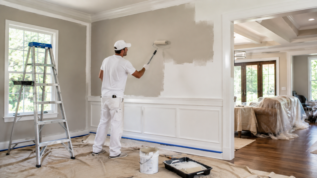 Professional painter working on a residential home in Alpharetta