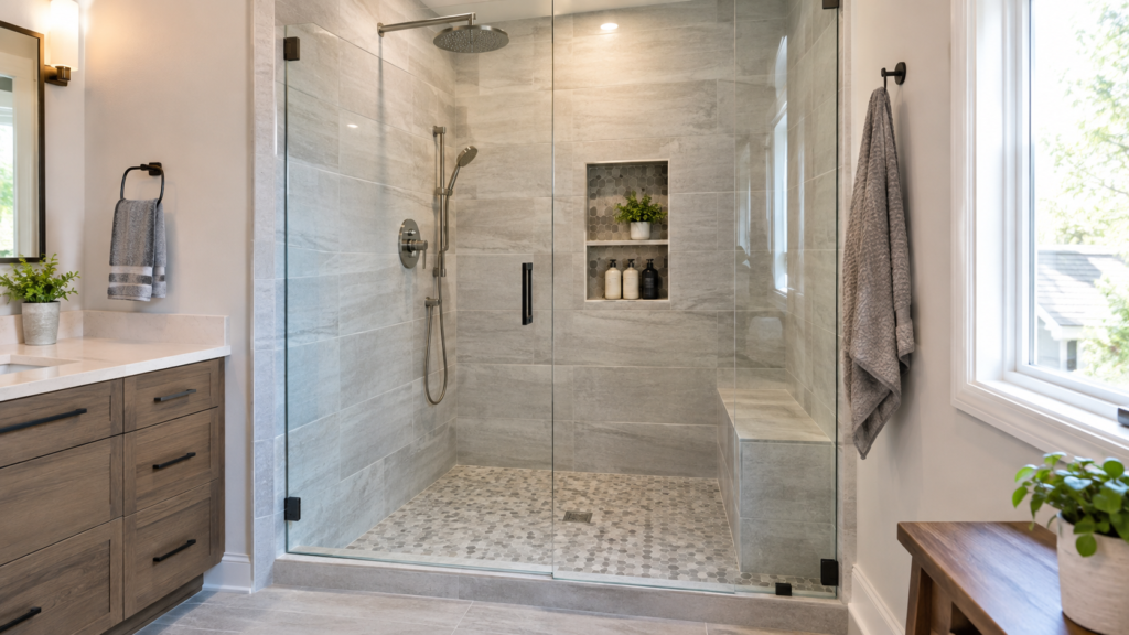 Modern walk-in shower with porcelain tile walls and textured shower floor