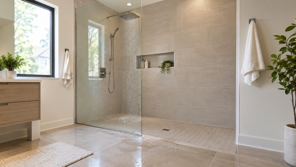 Modern walk-in shower showing common design and maintenance considerations