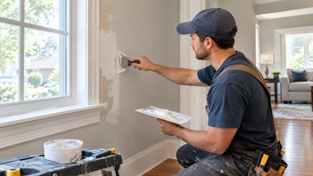 Handyman repairing drywall around a window in an Alpharetta home