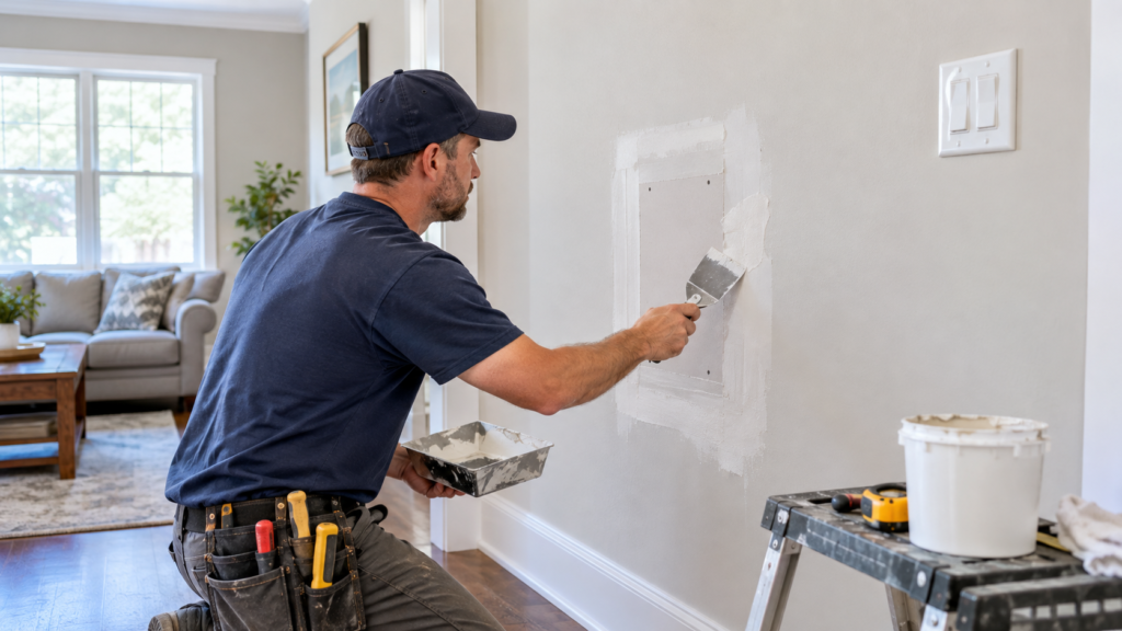 Professional handyman repairing a hole in a drywall wall in Alpharetta