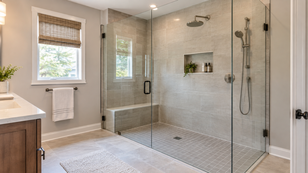Modern walk-in shower with low-threshold entry and durable features in an updated bathroom