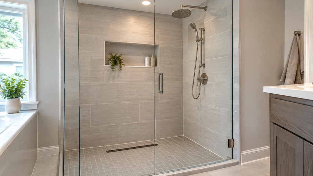 Properly installed standing shower with sealed joints and drainage for leak prevention