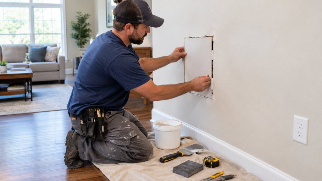 Handyman repairing a hole in drywall with a patch in an Alpharetta home