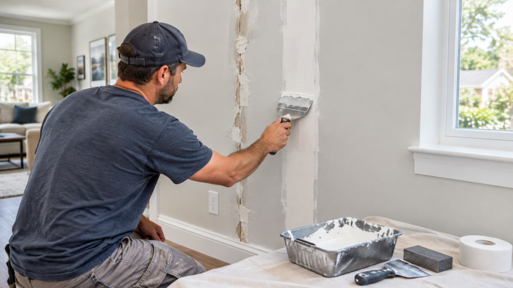 Handyman applying joint compound to repair a cracked drywall seam in an Alpharetta home
