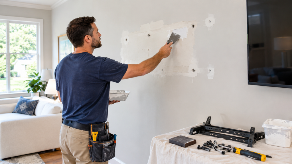 Handyman repairing drywall holes left by a wall-mounted fixture in an Alpharetta home