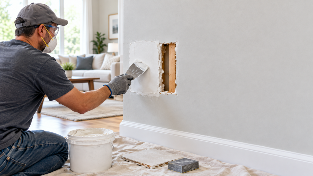 Contractor smoothing joint compound over a drywall patch in a living room