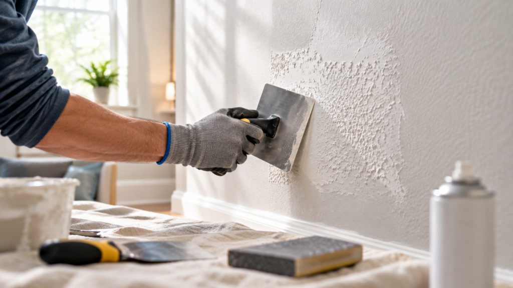 Matching drywall texture after a repair by flattening knockdown on a patch