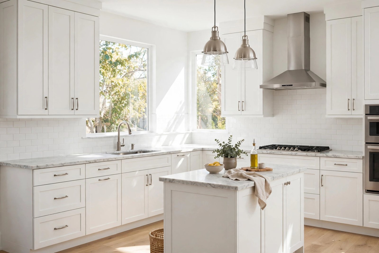 Kitchen with freshly painted white shaker-style cabinets, center island, marble-look countertops and subway tile backsplash