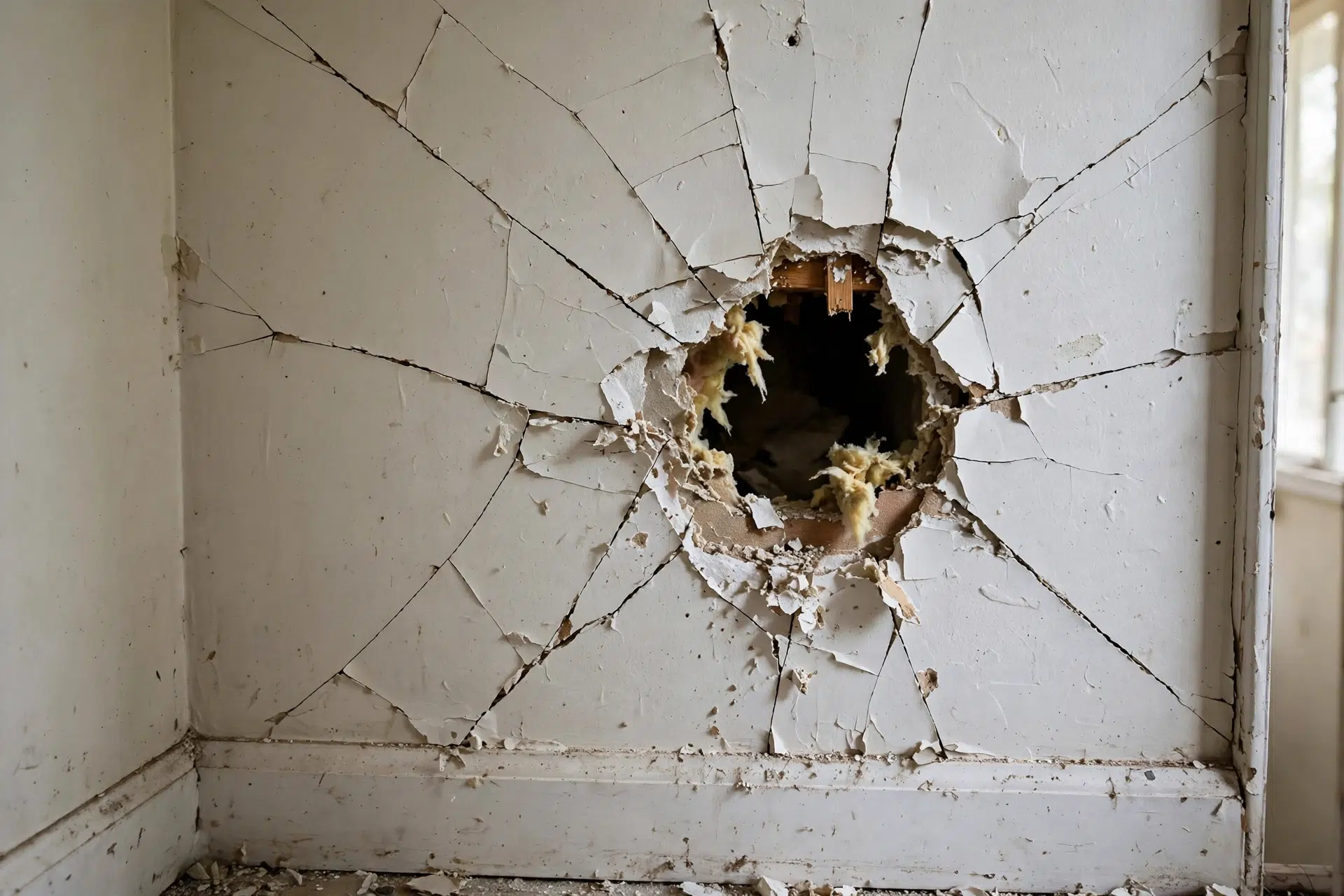 Damaged drywall with a hole before repair